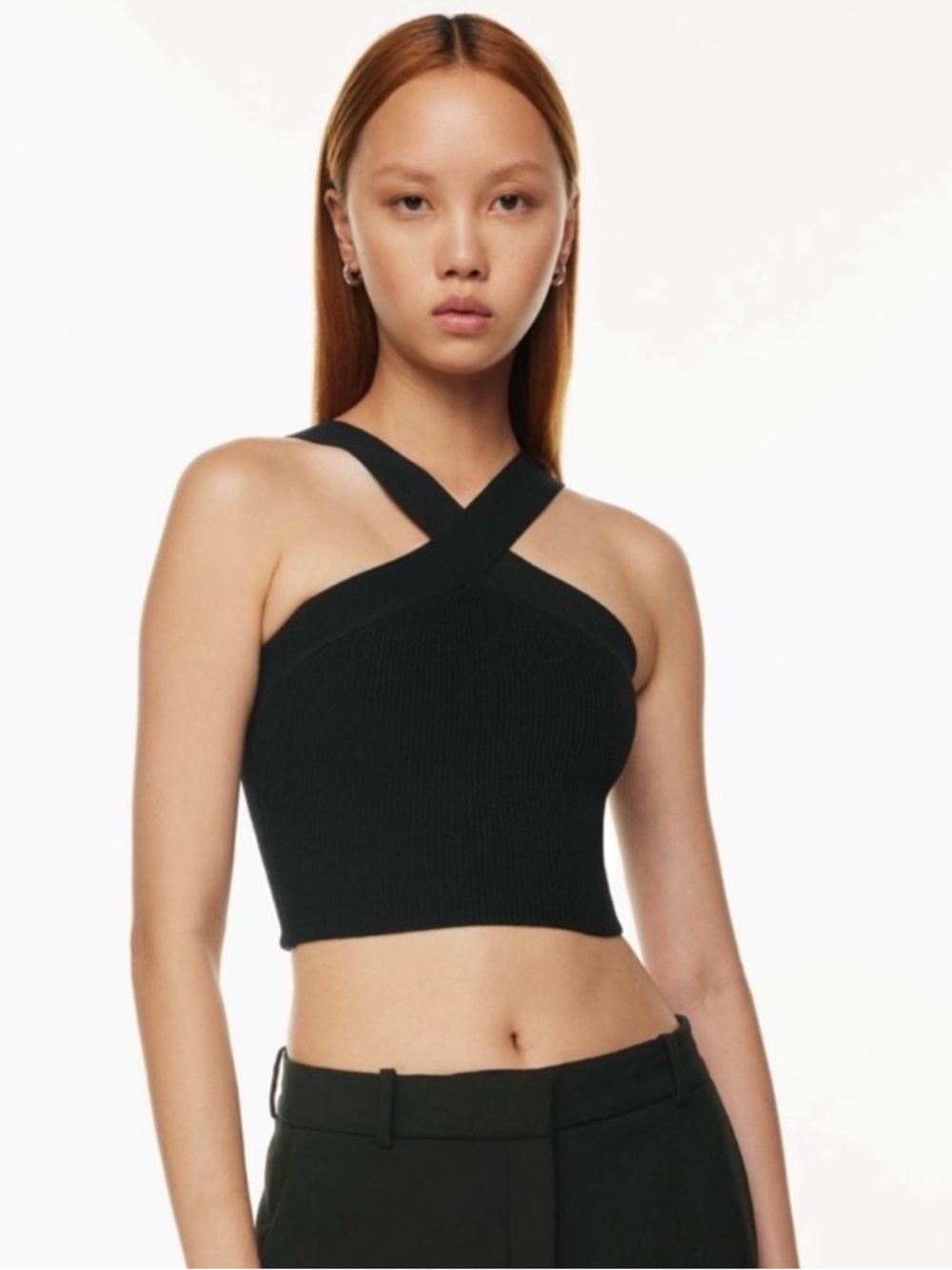 Aritzia Babaton Black Sculpt Knit Crisscross Cropped Ribbed Tank top size XS.